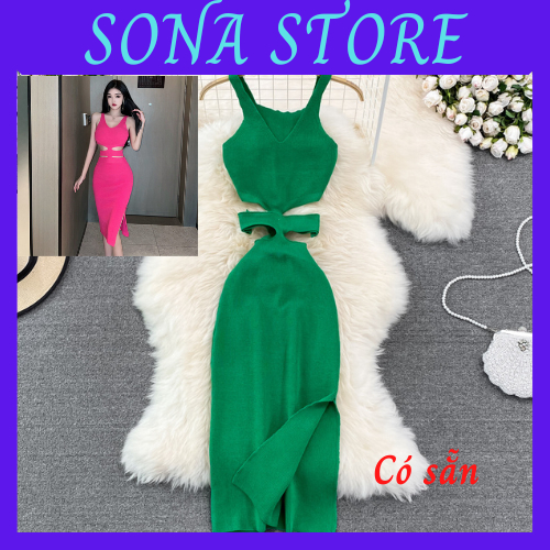 Váy body len dệt kim 2 dây cổ v cut eo xẻ tà đầm ôm nữ sexy gợi cảm sang chảnh tiểu thư bánh bèo hàng quảng châu cao cấp