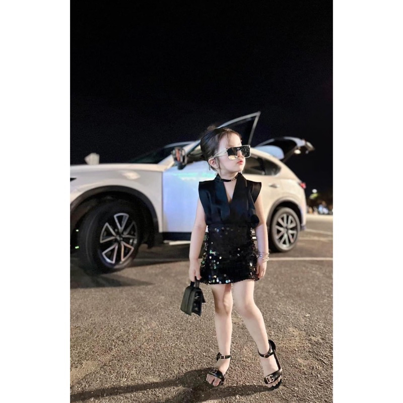 Váy bé gái,Set áo lụa V chân váy kim sa cho bé 8 đến 30kg V0142