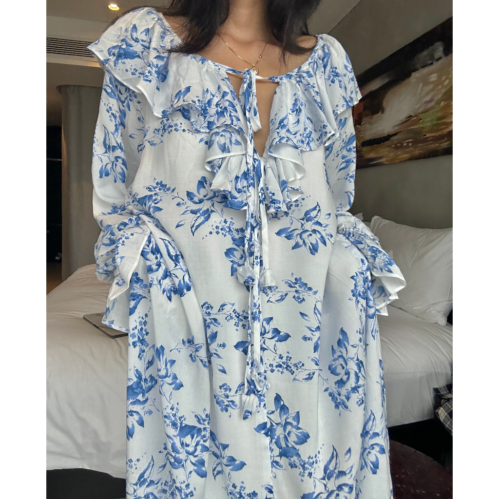 MADAMN - BLUESTAR - Đầm Maxi tay Dài, Bèo Cổ, Cột Nơ.