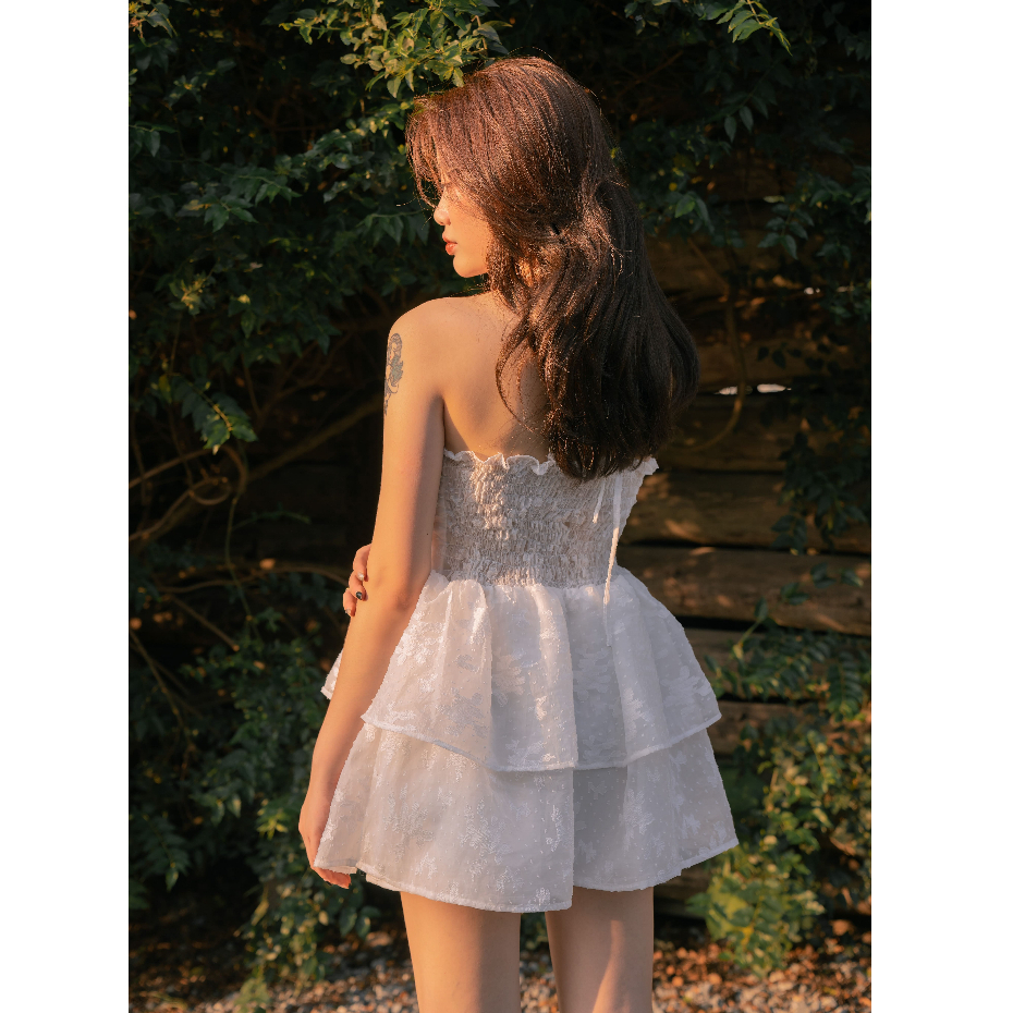 Váy trắng cổ yếm dáng phồng xòe bo chun lưng Váy nữ công chúa 2 tầng phong cách tiểu thư sang chảnh