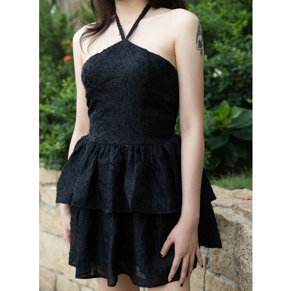 Váy trắng cổ yếm dáng phồng xòe bo chun lưng Váy nữ công chúa 2 tầng phong cách tiểu thư sang chảnh