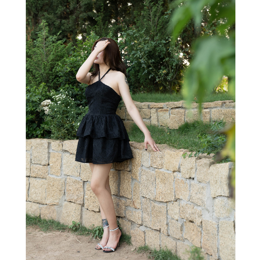 Váy trắng cổ yếm dáng phồng xòe bo chun lưng Váy nữ công chúa 2 tầng phong cách tiểu thư sang chảnh