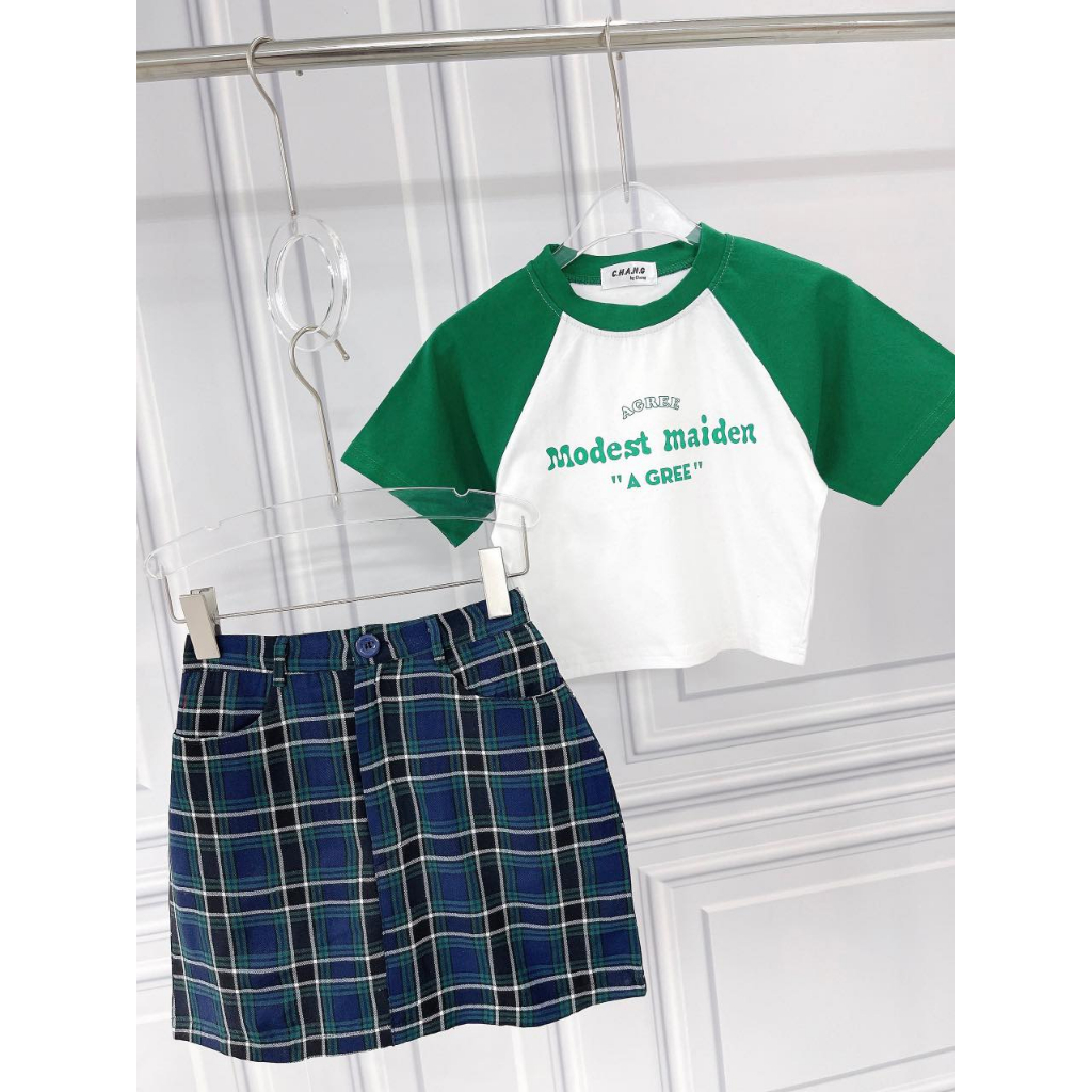 SET ÁO CROPTOP PHỐI MÀU XANH LÁ + CHÂN VÁY CARO