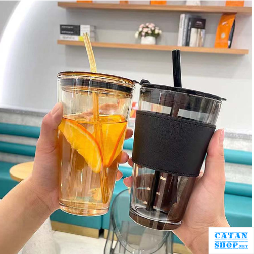 Cốc Thủy Tinh Bọc Da Cao Cấp Tặng Kèm Nắp Đậy Và Ống Hút GD596-LyTT