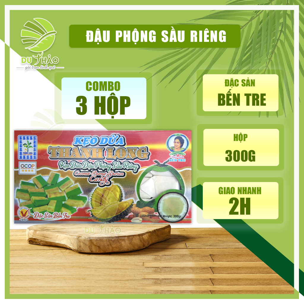 Combo 3 hộp kẹo dừa đậu phộng sầu riêng 300gr Thanh Long, kẹo dừa Bến Tre chính gốc