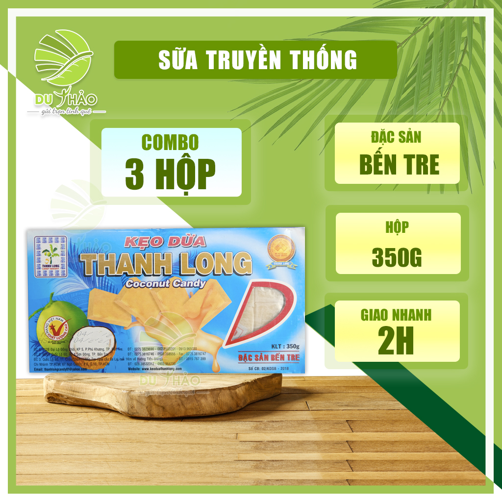 Combo 3 hộp kẹo dừa nguyên chất Thanh Long 350gr, kẹo dừa Bến Tre chính gốc