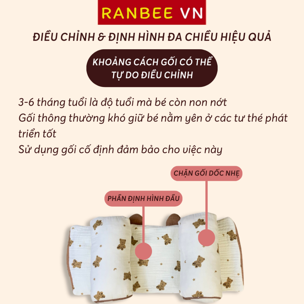 Gối Cố Định Đầu Cho Bé Ranbee Kiểu Dáng Tai Gấu Cao Cấp Chất Xô Muslin Hàn Quốc