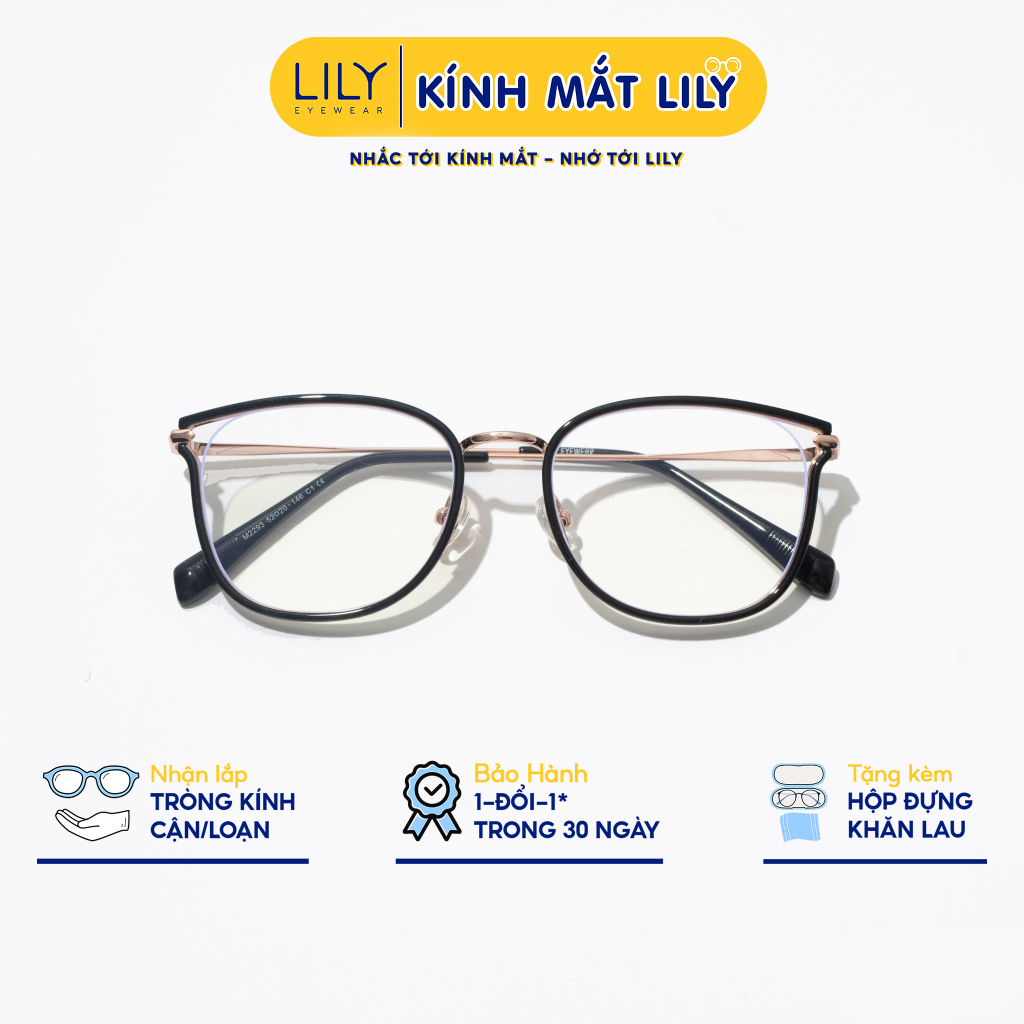 Gọng kính vuông bo tròn nam nữ LILYEYEWEAR càng kính kim loại thanh mảnh kiểu dáng thời trang m2293