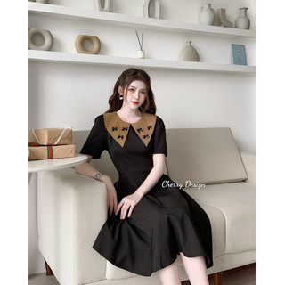 Váy Xòe Cổ Phối Màu Nơ Đen