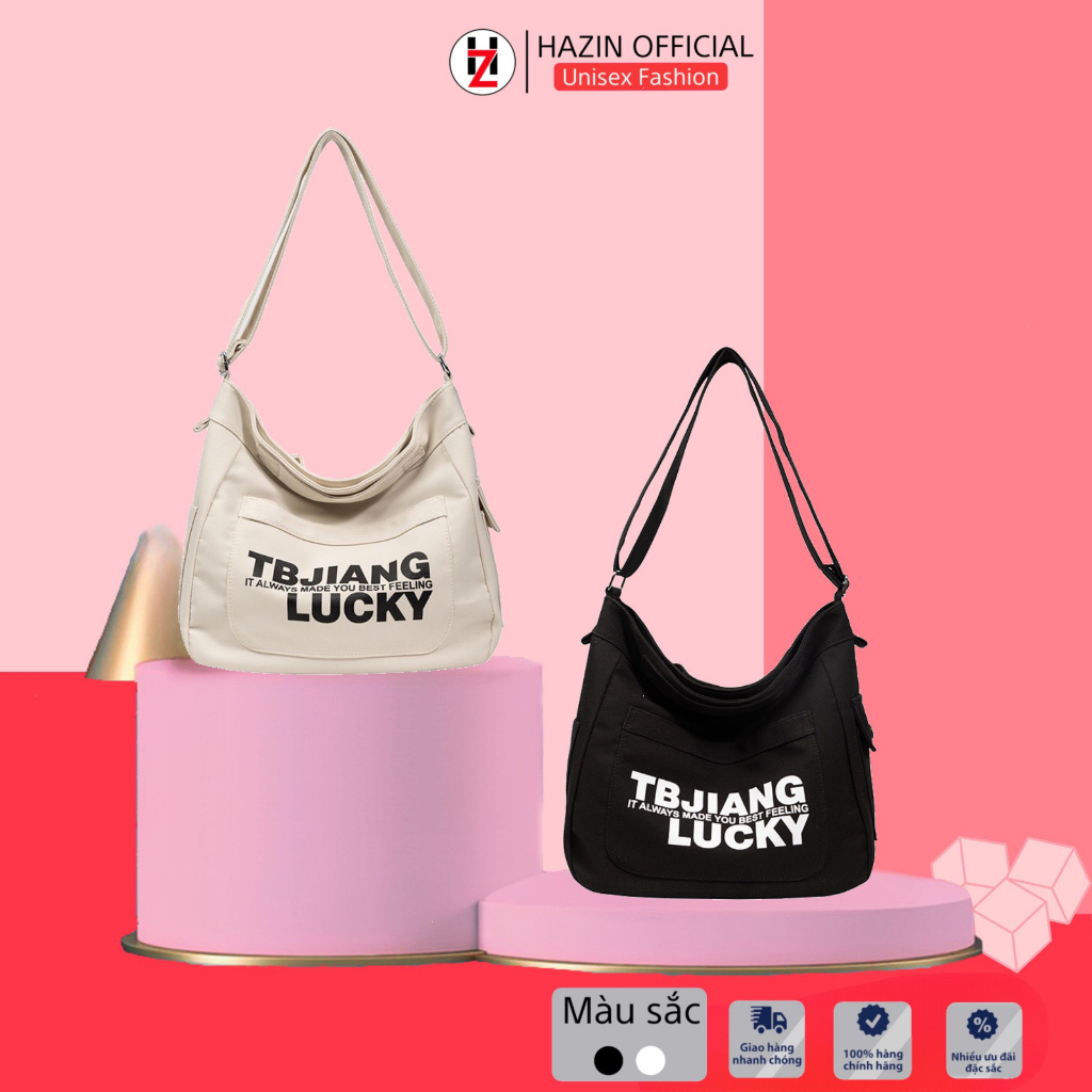 Túi xách đeo chéo có quai xách HAZIN HZDC81 in chữ Lucky phong cách Hàn Quốc cho nam và nữ