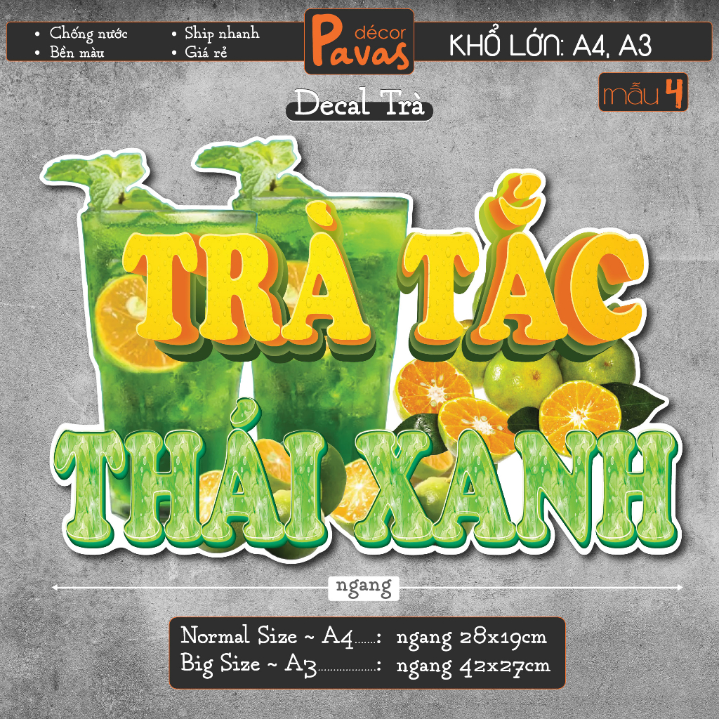 Decal Trà Ổi, Trà Thơm, Trà Tắc Thái Xanh chống nước trang trí dán quán trà sữa, cà phê, quán ăn, dán tường, tủ. TTQ56
