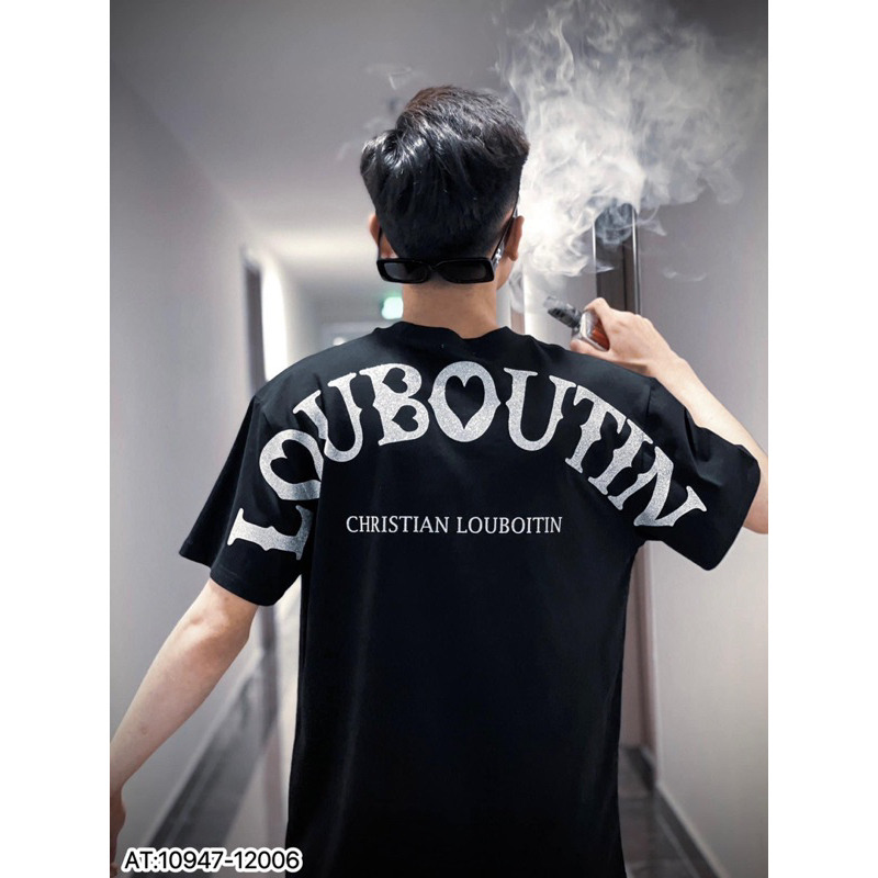 Áo phông cổ tròn nam nữ Unisex cotton in chữ Louboutin nhũ hai mặt,Áo thun louboutin chữ đính kim tuyến cotton mát