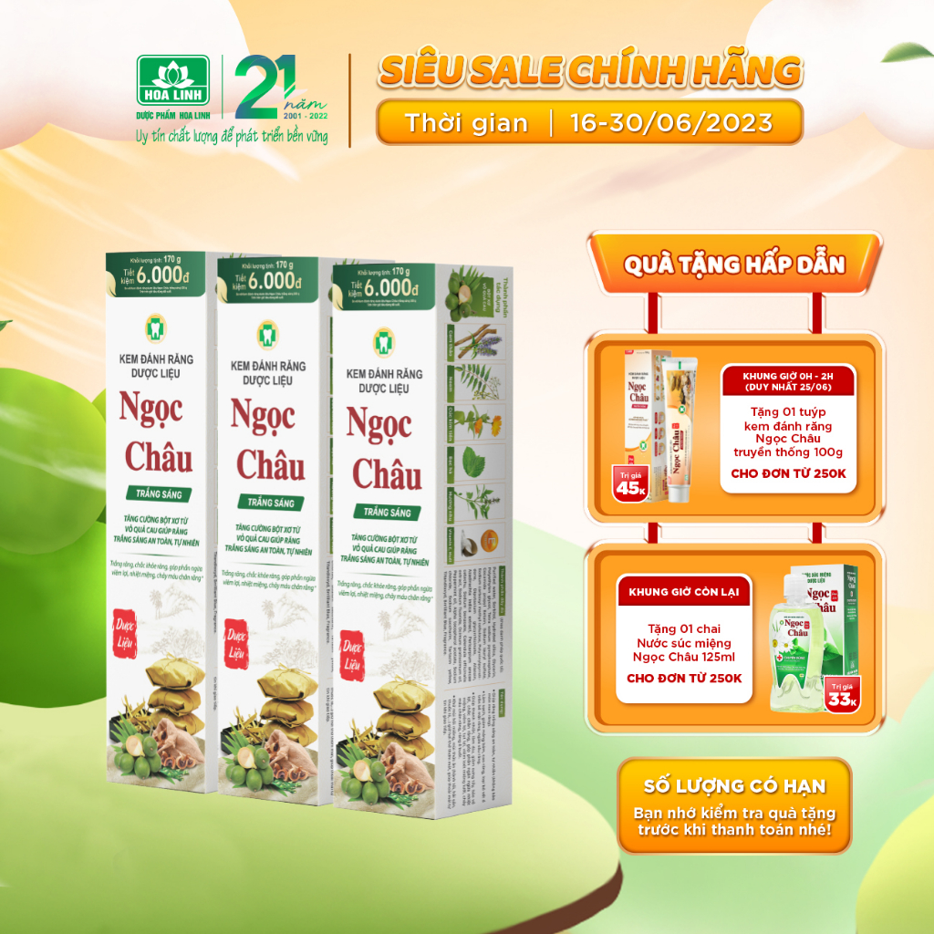 Bộ 3 tuýp Kem Đánh Răng Dược Liệu Ngọc Châu Trắng Sáng 170g