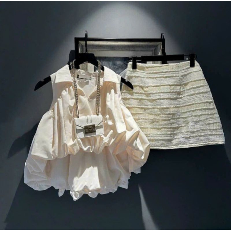 Set  áo phồng tiểu thư kèm chân váy sang chảnh bé gái