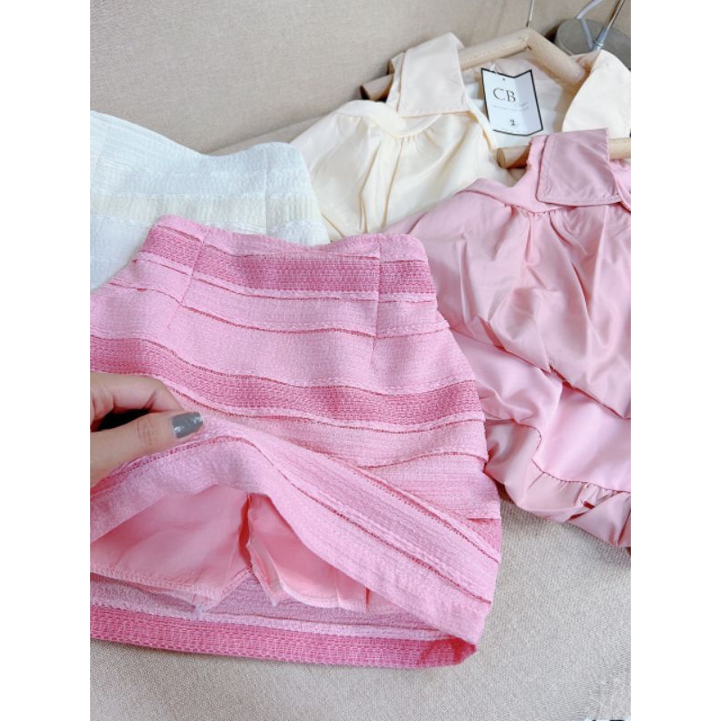 Set  áo phồng tiểu thư kèm chân váy sang chảnh bé gái