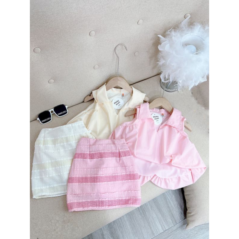 Set  áo phồng tiểu thư kèm chân váy sang chảnh bé gái