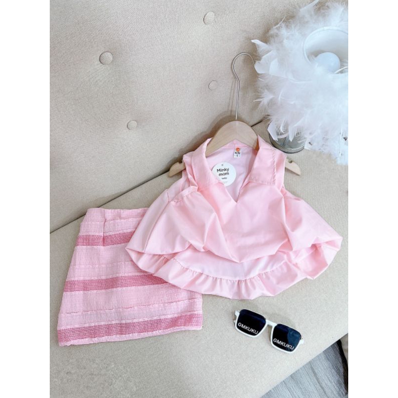 Set  áo phồng tiểu thư kèm chân váy sang chảnh bé gái