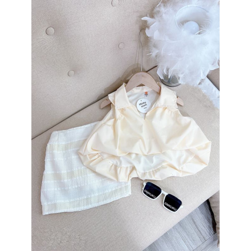 Set  áo phồng tiểu thư kèm chân váy sang chảnh bé gái