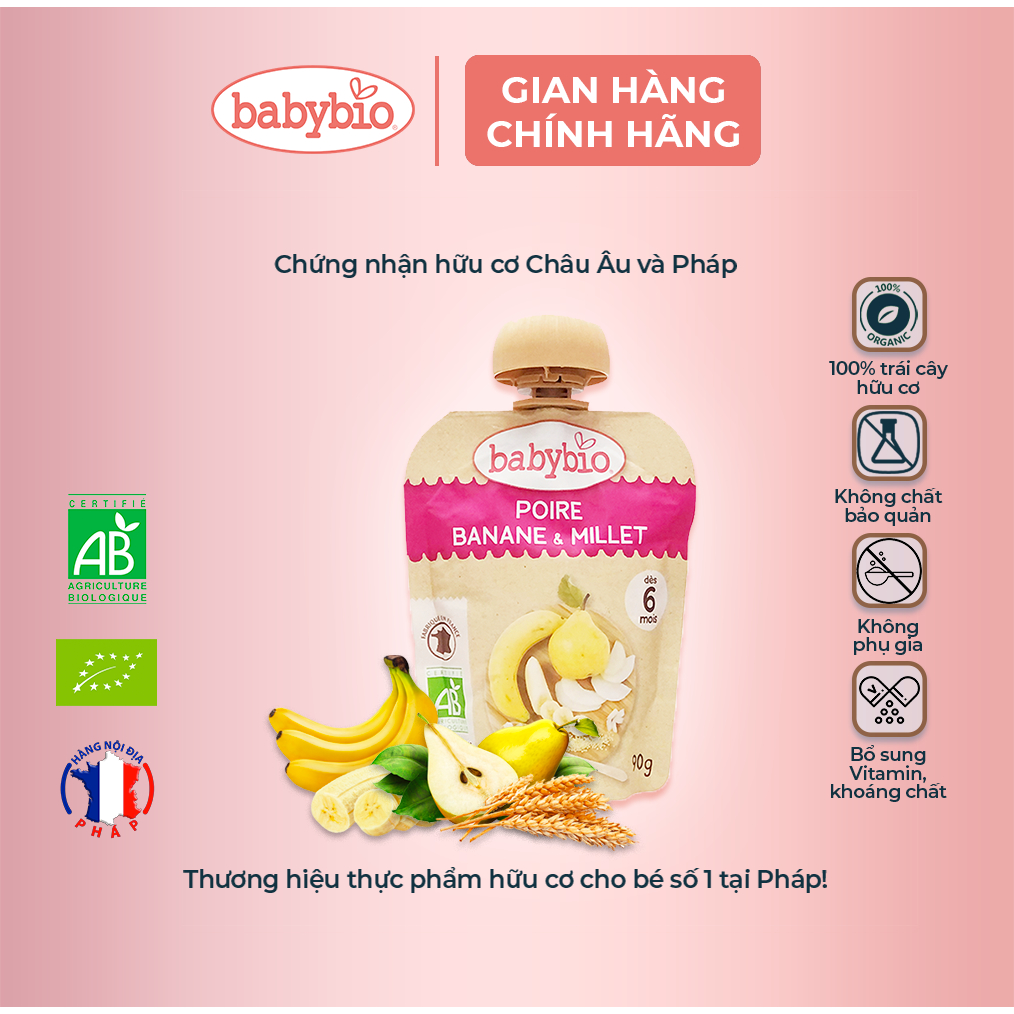 Trái cây nghiền hữu cơ cho bé vị lê, chuối, hạt kê Babybio 90g (≥ 6 tháng)