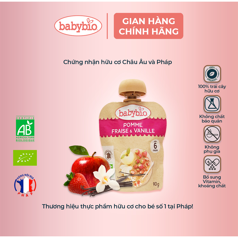 Trái cây nghiền hữu cơ cho bé vị dâu, táo, vani Babybio 90g (≥ 6 tháng)