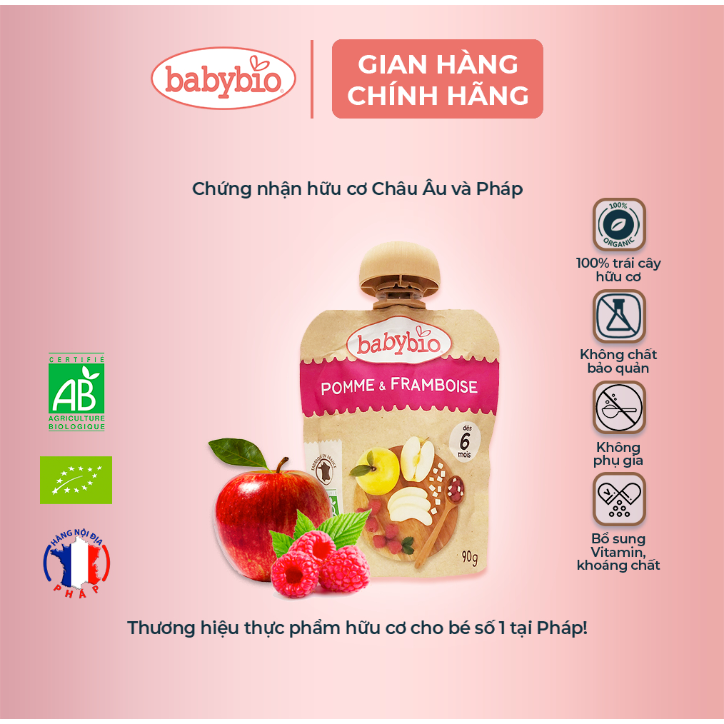 Trái cây nghiền hữu cơ cho bé vị táo, mâm xôi Babybio 90g (≥ 6 tháng)