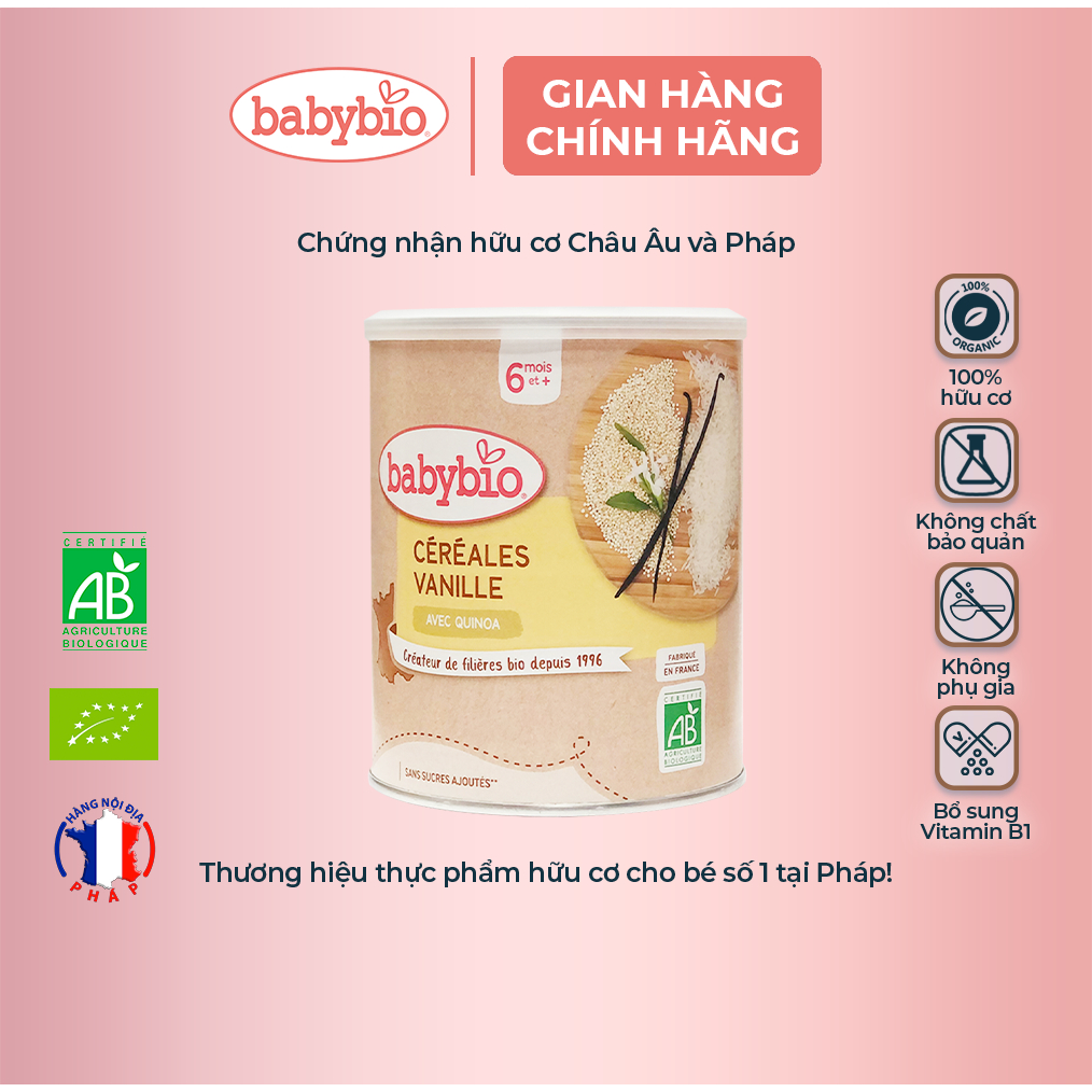 Thực phẩm bổ sung bột ăn dặm pha sữa hữu cơ vị vani bổ sung vitamin B1 Babybio 220g (≥ 6 tháng)
