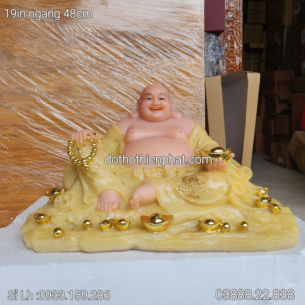 Tượng phật di lặc sứ 19in ngang 48cm màu vàng mới (nhiều kích thước)