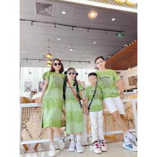 Set đồ đôi gia đình loang in chữ xanh dd07