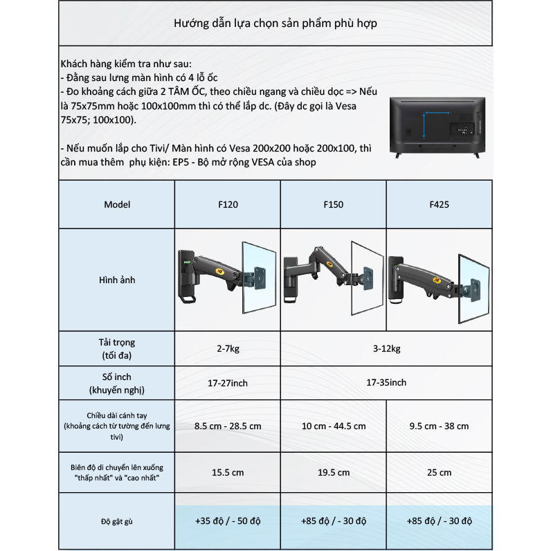 F120 / Giá Treo Màn hình gắn tường/ Tay treo/Arm màn hình gắn tường/ Lò xo thuỷ lực