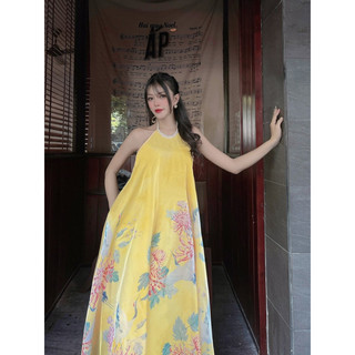 Maxi yếm vàng phối bèo dập ly