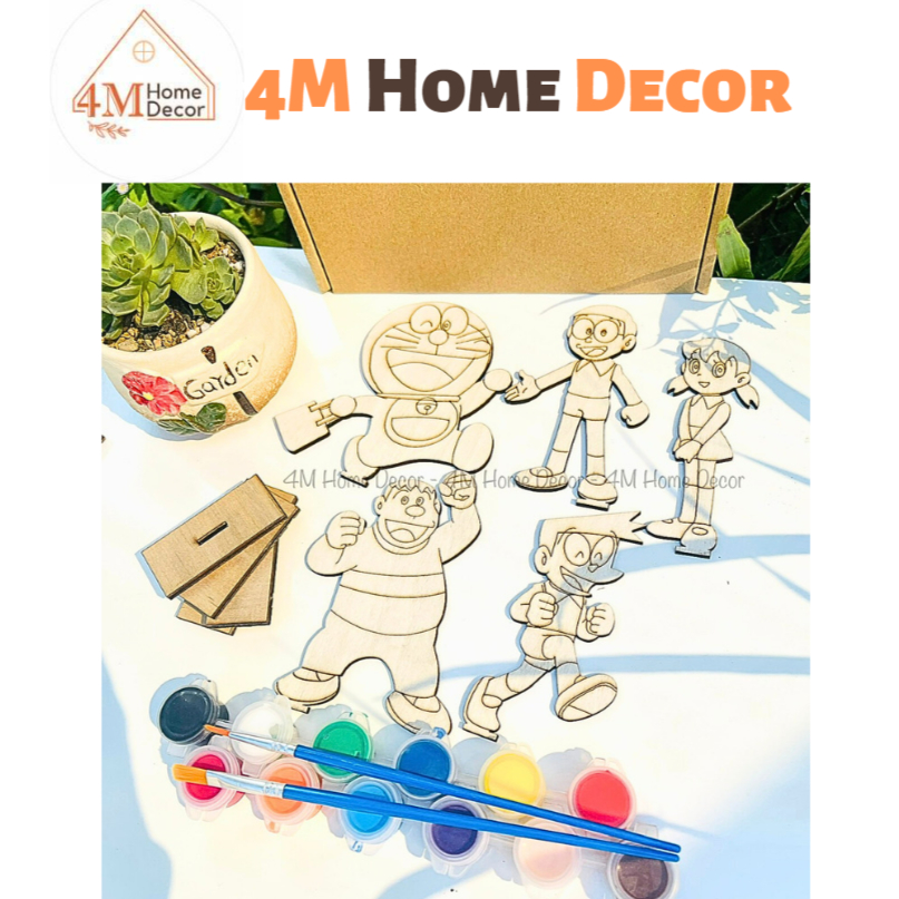 Bộ tô màu gỗ cho trẻ em chủ đề Doremon có đế gắn để bàn trang trí bàn học và chơi đóng vai chuyện rấ