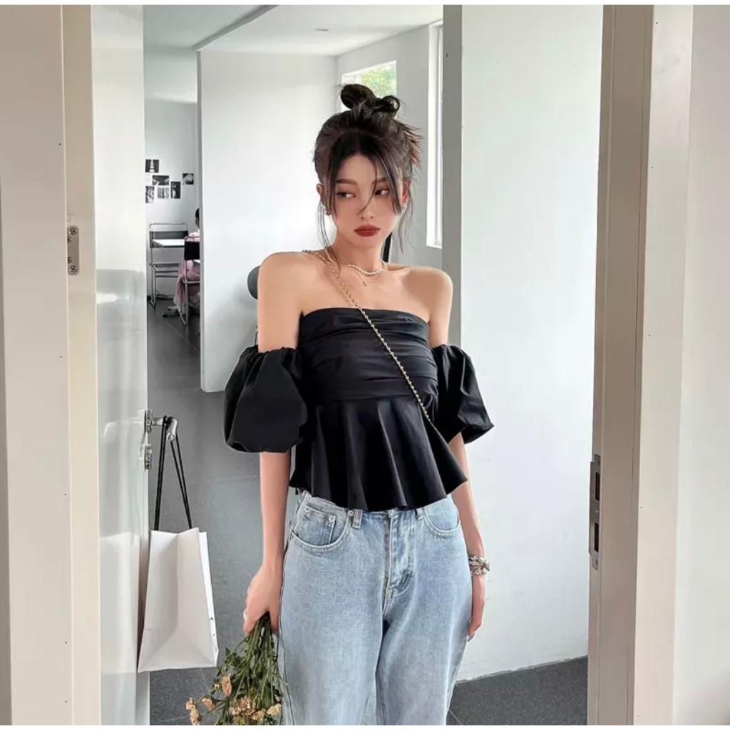 Áo Cúp Ngực Tay Phồng, Áo Quây Chun Dáng Peplum Phồng Nhún Ngực
