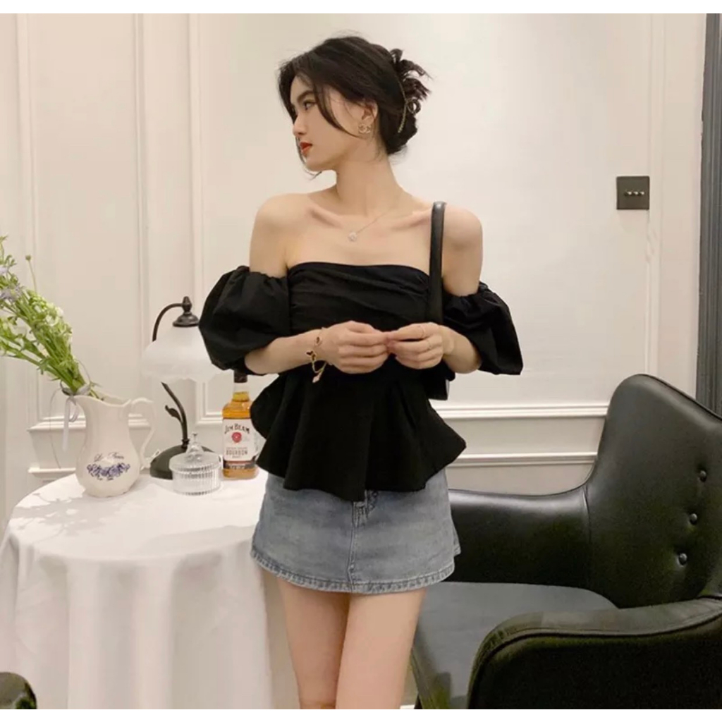 Áo Cúp Ngực Tay Phồng, Áo Quây Chun Dáng Peplum Phồng Nhún Ngực