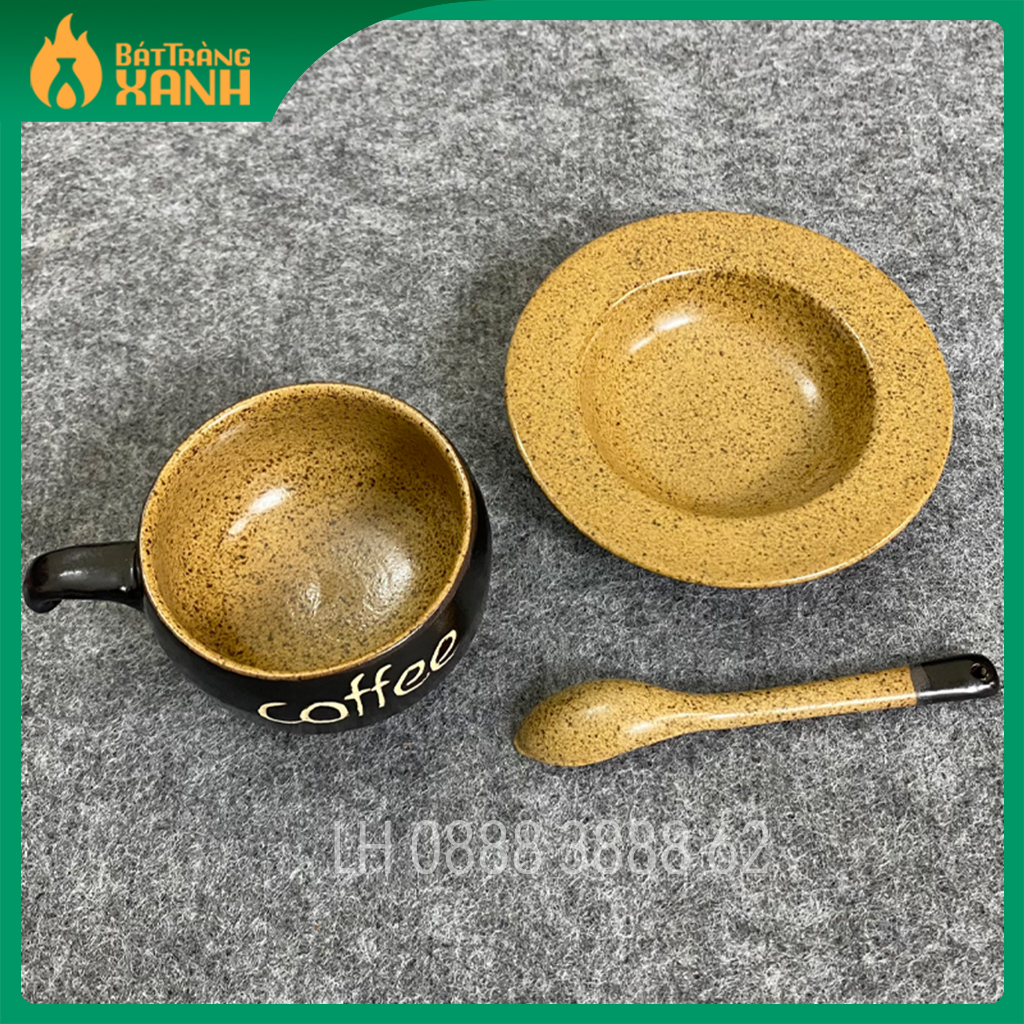 Bộ ly tách cà phê kèm đĩa lõm, thìa hàng đẹp dày dặn - Ly uống cà phê Bát Tràng cao cấp - Ly cà phê gốm sứ