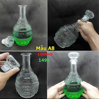 Bình Đựng Ruou thủy tinh 1000ml mẫu giọt nước hoa văn tháp phật nổi – Vỏ Chai Rượu Đẹp - Chai Đựng Rượu 1 Lít (A8)
