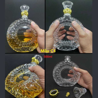 Bình Thủy Tinh Đựng Rượu 500ML mẫu xo tròn dẹp – Vỏ Chai Đựng Rượu - Chai Thủy Tinh Đựng Rượu (C4)