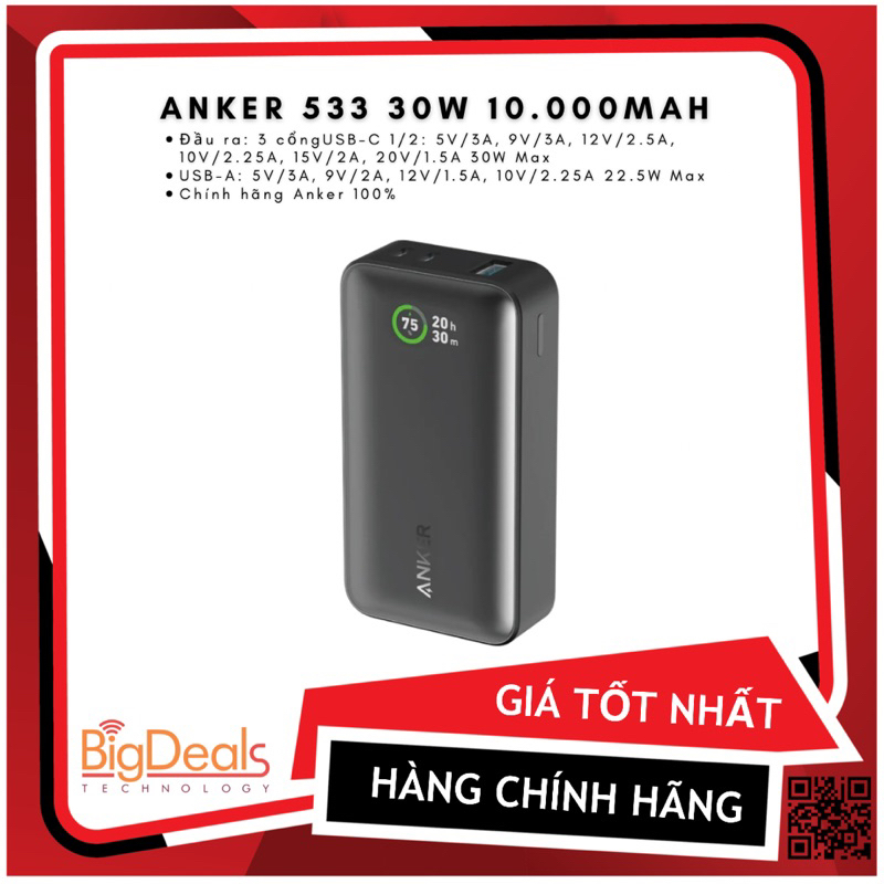Sạc dự phòng Anker 533 PowerCore 30W A1256, BigDeals VN