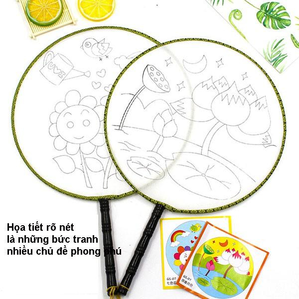 Quạt vải lụa tròn có in hình 24 cm cho bé tô màu, quạt tròn