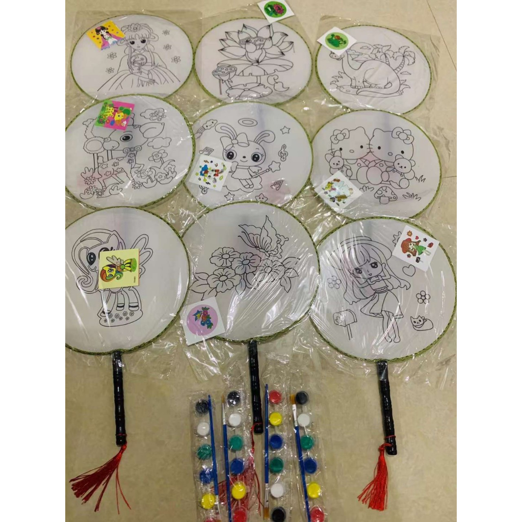 Quạt vải lụa tròn có in hình 24 cm cho bé tô màu, quạt tròn