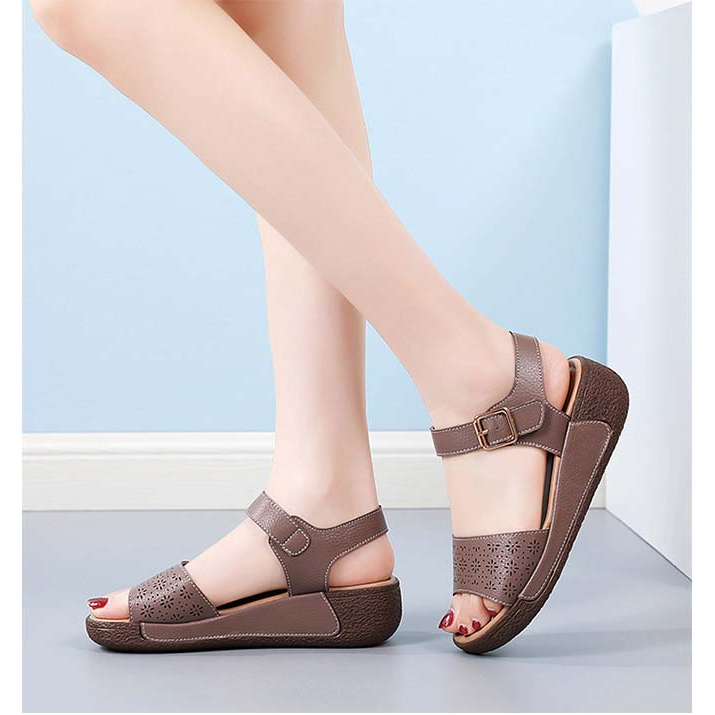 Sandal nữ da bò đế bằng 5cm HT.NeO , Giày quai hậu nữ 1 bản  quai ngang tiện lợi phong cách mùa hè thoáng mát 2329