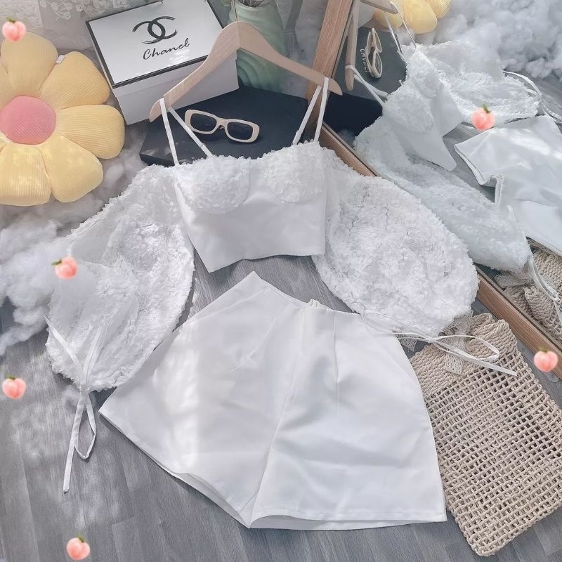 Set áo tay phồng ren hoa nổi rớt vai