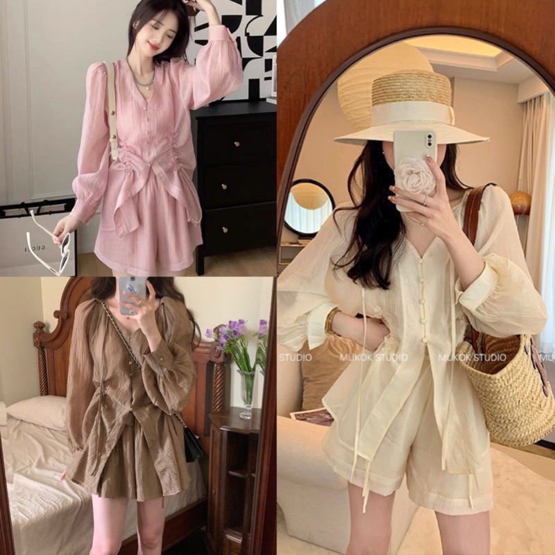 Set 3 Món Tơ Đũi Áo Tay Bồng Dây Rút Eo Khuy Bọc Kèm Áo 2 Dây Phối Quần Đùi Ống Rộng 2 Lớp
