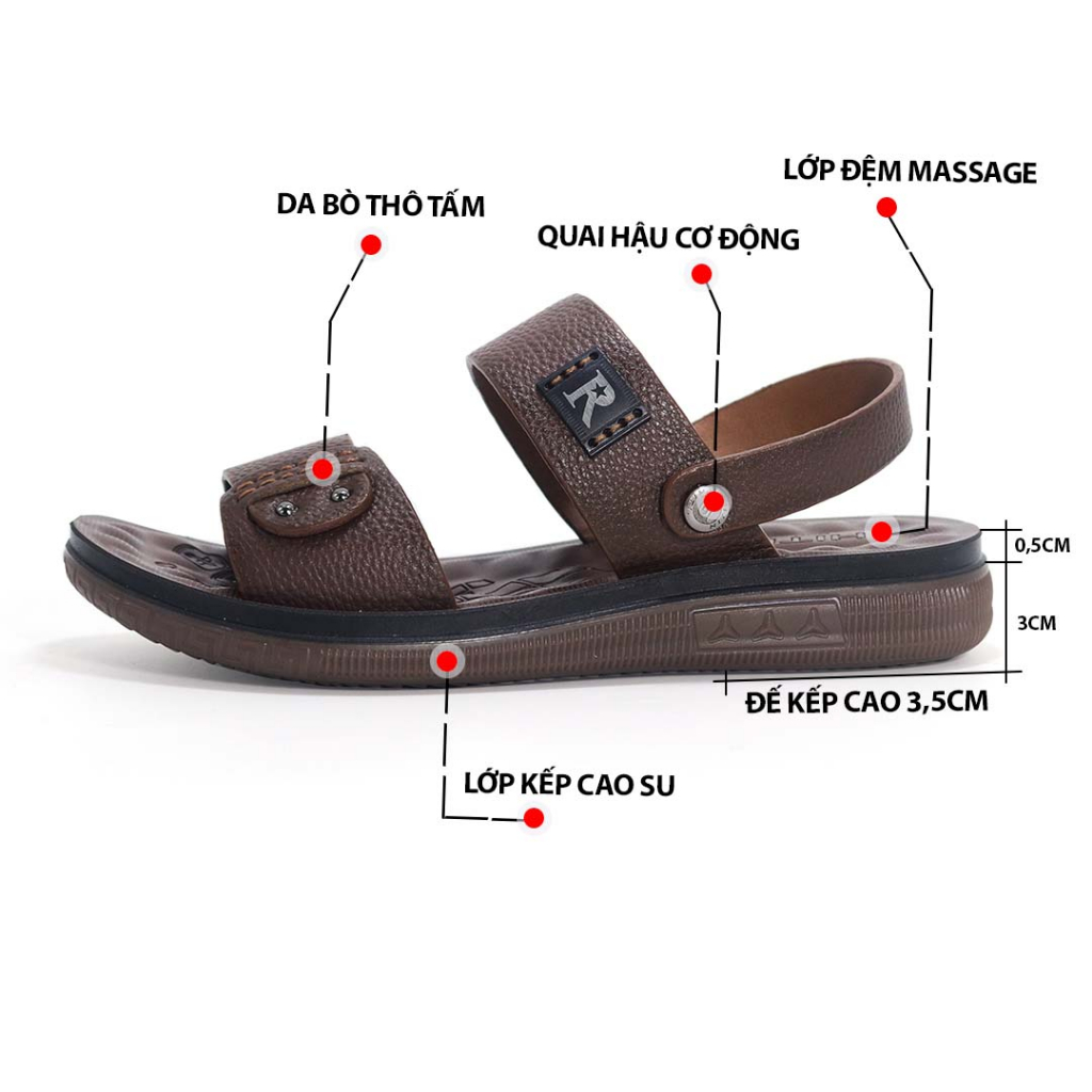Sandal nam da bò HT.NeO , Dép quai hậu nam đế kếp cao 3,5cm êm mèm tôn dáng tăng chiều cao , lịch sự , thoáng mát SDN896