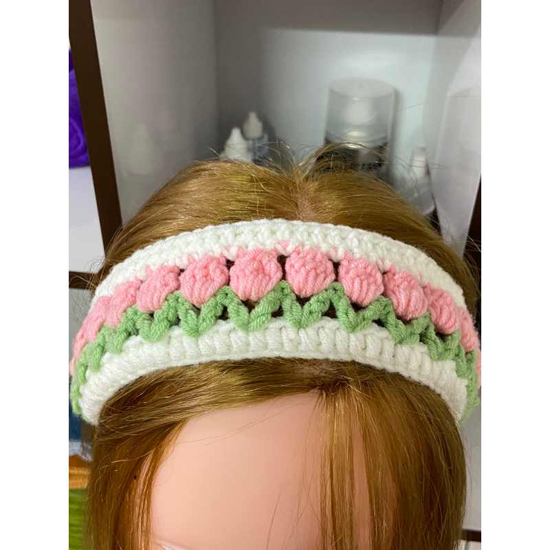 Băng đô hoạ tiết hoa tulip bằng len | Ln crochet
