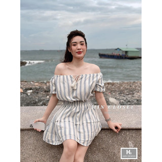 Váy kẻ hở vai chun eo