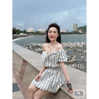 Váy kẻ hở vai chun eo