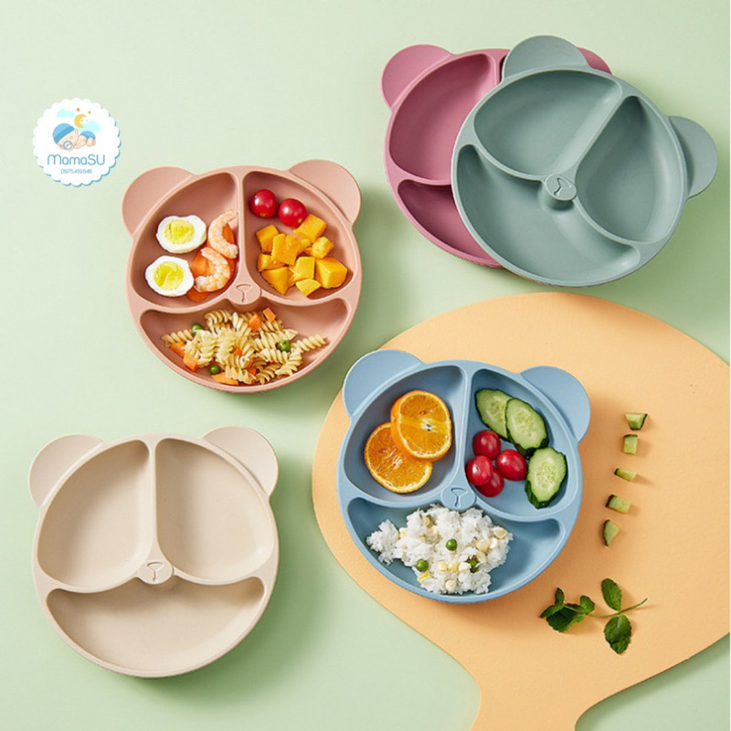 Khay ăn dặm silicone gấu 3 ngăn cho bé có đế hút bàn chống trượt đổ - Bát ăn dặm trẻ em cao cấp
