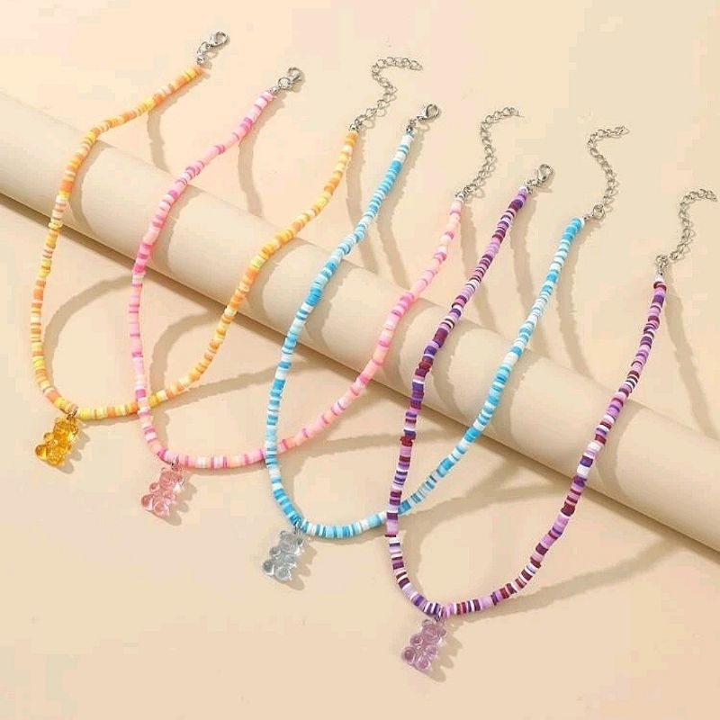 Set 4 Vòng Cổ Nữ Xâu Chuỗi Hạt Cườm Màu Sắc Trang Trí Hình Gấu Cute