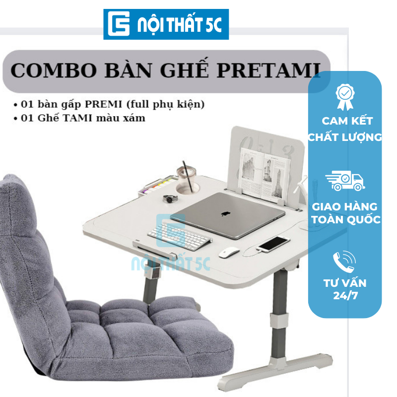 Bộ bàn ghế gấp gọn thông minh đa năng, bàn laptop ngồi giường nâng hạ chiều cao mặt bàn MDF nhiều chức năng tiện ích