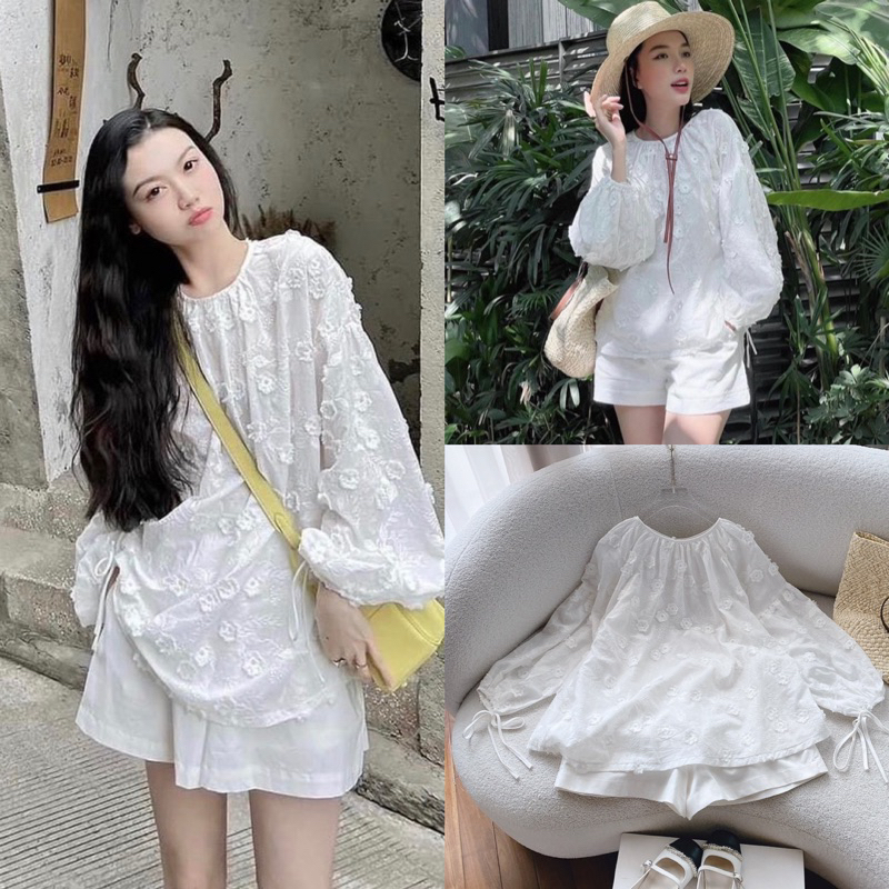 SET ÁO BBD TRẮNG REN HOA TAY PHỒNG + SHORT